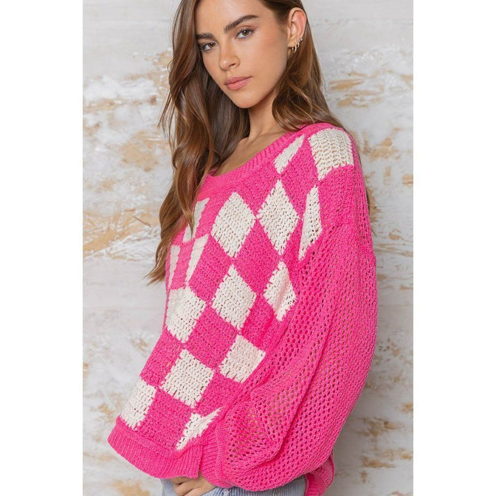 POL Catching Feelings Checkered Sweater in Pink/White FST250A - Picture 7 of 9